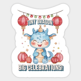 Celebrating with Tiny Dragon: Red & Baby Blue Watercolor Art Sticker